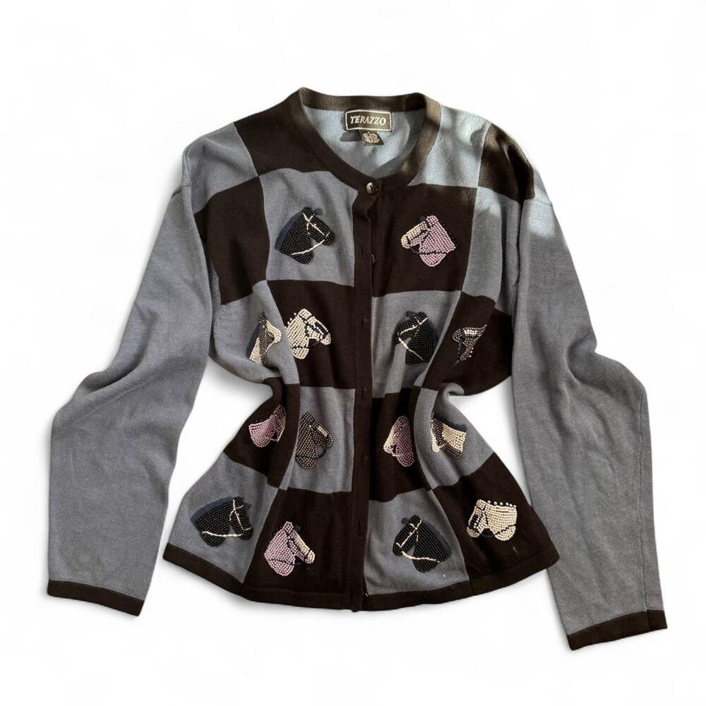 Vintage 90s Beaded Checkered Horse Cardigan
